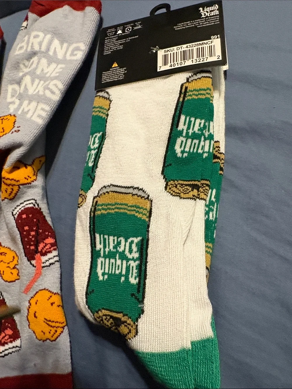 men’s socks Liquid Death and If you can read this bring some drinks for me socks